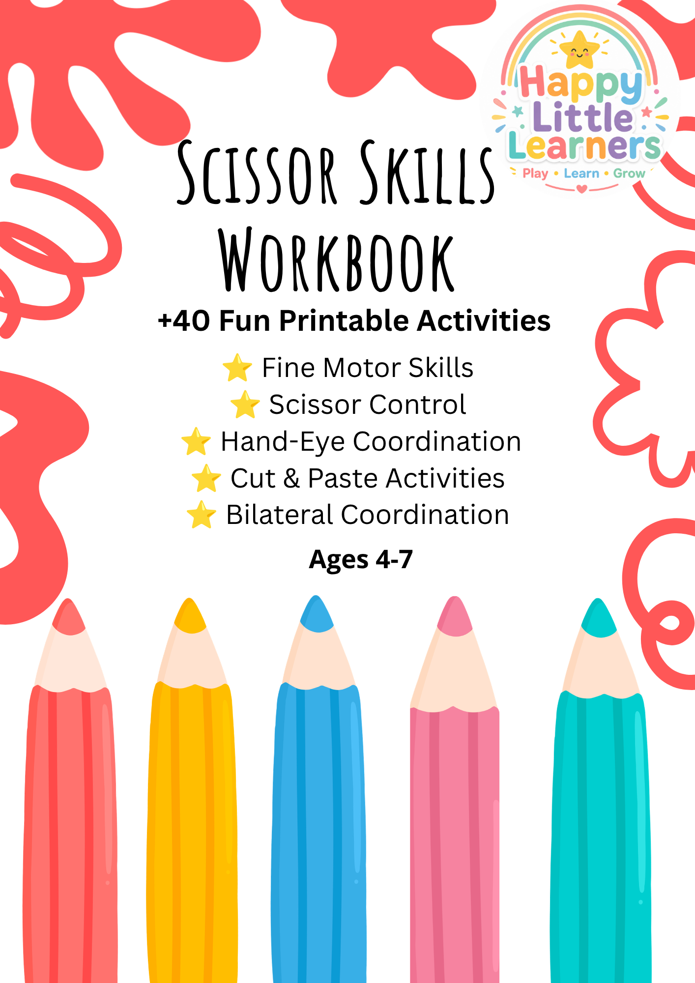 Happy Little Learners™ Scissor Skills Workbook | Printable Preschool Cutting Activities (Ages 4–7)