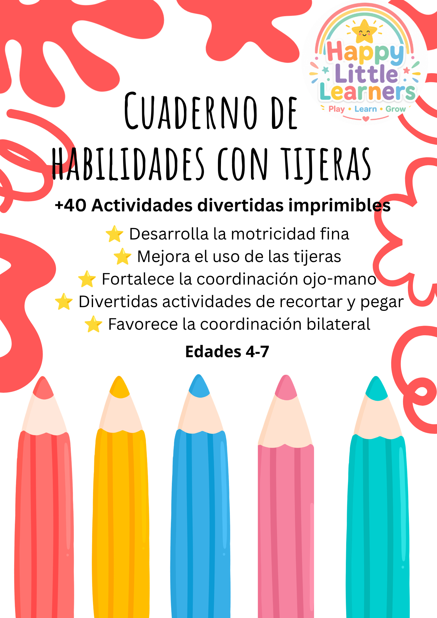 Cuaderno de Habilidades con Tijera Happy Little Learners | Actividades imprimibles para desarrollar la motricidad fina en preescolar (4 a 7 años)