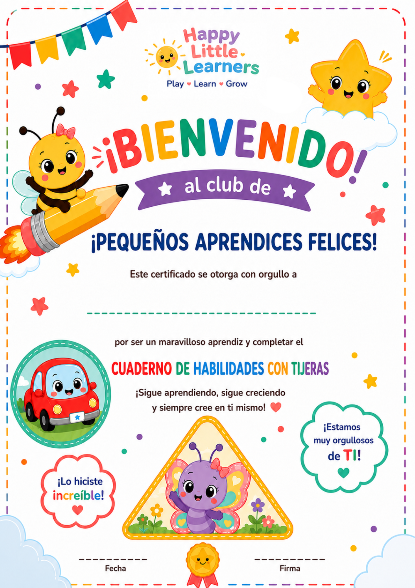Cuaderno de Habilidades con Tijera Happy Little Learners | Actividades imprimibles para desarrollar la motricidad fina en preescolar (4 a 7 años)